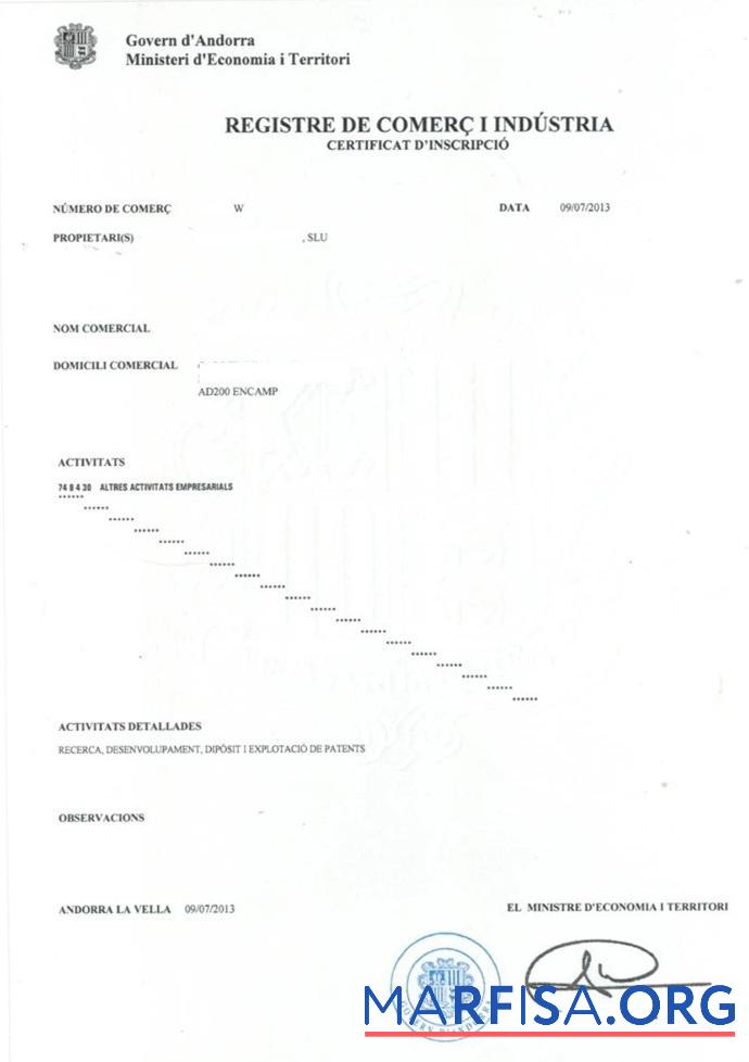 Realistic Andorra Commercial and Industrial Registration example